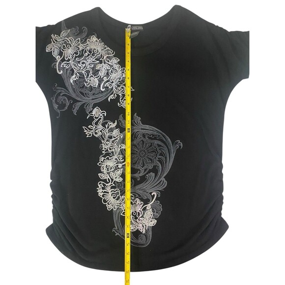 Joujou Womens Top Size 3X Ruched Arms & Sides Black w/Silver Grey Floral Detail - Picture 5 of 10